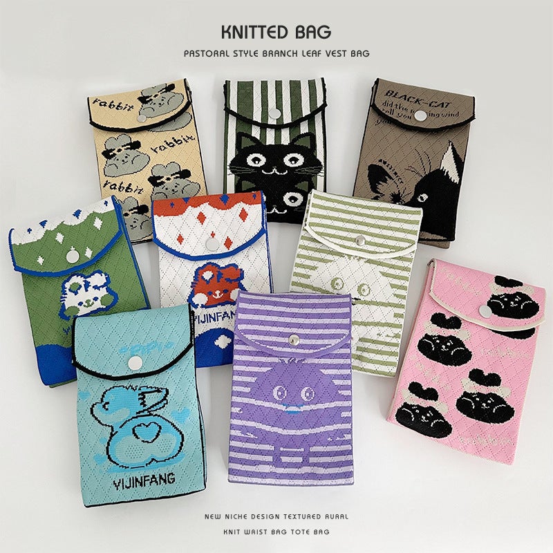 Korean-Style All-Match Niche Design New Adjustable Button Phone Bag Cartoon Small Animal Knitted Crossbody Phone Bag - Image 2